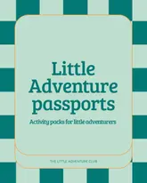 A clean, minimalist graphic design promoting 'Little Adventure Passports,' which are activity packs for children. The design uses a teal and light green checkerboard pattern with centered, legible typography, clearly communicating the brand and the nature of the product.