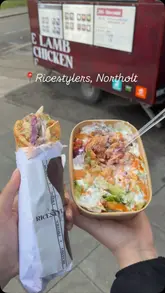 A montage video showing the preparation of a chicken platter and a combo wrap at a street food truck, followed by shots of the finished meals and a dessert.