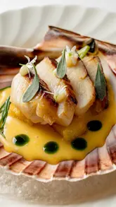 A short, high-quality video focusing on the preparation and plating of hand-dived Orkney scallops by a private chef. The footage captures the searing, basting, and final presentation of the dish.