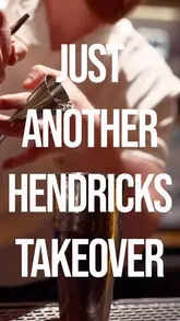 A promotional graphic for a Hendrick's gin brand takeover event, featuring a close-up shot of a bartender preparing a cocktail in a shaker.