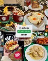 A collage-style listicle graphic showcasing various food items from different hospitality venues in Manchester, including frozen yogurt, brunch items, a fried chicken sandwich, and pasta dishes.