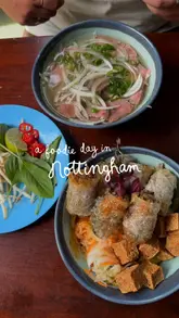 A personal vlog documenting a day out in Nottingham, featuring visits to a cafe for bubble tea and egg lattes, a bookshop, a gift shop, and a restaurant for a spring roll salad.