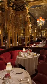 A short, polished video showcasing a Wimbledon-themed afternoon tea at Hotel Cafe Royal. The footage highlights the elegant, opulent interior, the delicate tennis-themed pastries, and the refined service, including champagne pouring and live piano music.