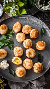A high-quality, overhead food photography shot of Kuzhi Paniyaram, a South Indian snack, served on a dark textured plate with a side of chutney and fresh herbs.