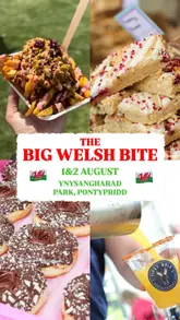 A montage-style recap of the Big Welsh Bite food festival, featuring aerial shots of the park, various food stalls, live cooking demonstrations, fairground rides, and general crowd atmosphere.