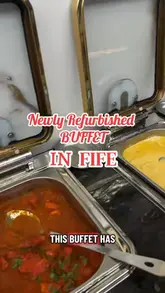 A walkthrough review of a newly refurbished buffet restaurant in Fife, showcasing the various food stations including Indian, Italian, and Chinese sections, as well as the dessert area and drinks menu.