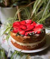 A close-up, eye-level shot of a homemade Victoria Sponge cake topped with fresh strawberries, positioned in front of house plants.
