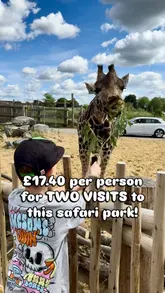 A fast-paced montage showcasing various attractions at a safari park, including animal encounters, costumed characters, and theme park rides, overlaid with text detailing a promotional ticket offer.
