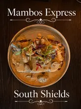 A top-down, moody shot of a garlic mushroom bruschetta dish served on a dark wooden table, featuring heavy text overlays for the venue name and location.