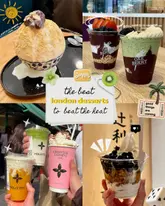 A collage-style social media post showcasing a variety of cold desserts from different London venues, curated as a listicle to help viewers beat the heat.