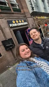 A couple visits Four Quarters in Newcastle, an arcade bar featuring retro gaming consoles, arcade machines, a DVD library, and a menu of themed cocktails and bar food like pizza and nachos.
