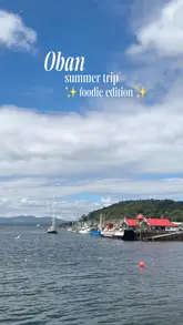 A travel vlog documenting a day trip to Oban, Scotland, featuring visits to a local seafood hut, a chocolate shop, and a fish and chip shop, interspersed with scenic views of the harbour and local landmarks.