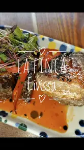 A montage of various tapas-style dishes and cocktails served at La Finca Eivissa, followed by a shot of the venue exterior and a group of diners.