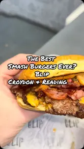A review of Blip Burgers, featuring a variety of their menu items including smash burgers, chicken burgers, loaded fries, onion rings, a milkshake, and banana pudding. The video provides a look at the venue's interior and menu board.