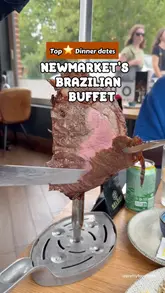 A short, energetic reel documenting a date night at a Brazilian rodizio-style buffet. The video features quick cuts of various meats being carved tableside, a tour of the extensive salad bar, and the couple enjoying their meal.