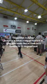 A short, handheld video capturing the atmosphere of a vegan festival held in a sports hall in Glasgow, using a text overlay to challenge the notion that veganism is declining.