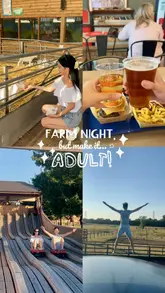 A fast-paced, engaging reel showcasing an 'Adult Farm Night' at Mead Open Farm. The video highlights various activities including animal feeding, go-karts, slides, and jumping pillows, alongside casual dining and drinks, effectively positioning the venue as a fun date night or group outing.