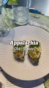A fast-paced review of a new restaurant, Appalachia, featuring close-ups of various dishes like oysters, cornbread madeleines, buttermilk-brined chicken, and an ox cheek burger, followed by a visit to the downstairs cocktail bar.