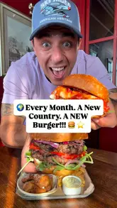 The video features a creator reviewing a monthly 'World Burger Tour' menu at The Royal Crown pub, specifically highlighting the Italian-themed 'Milan Meltdown' burger tray. The content includes shots of the pub exterior and interior, close-ups of the food, and the creator tasting the items.