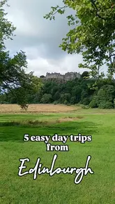 A travel guide reel showcasing five day trip locations near Edinburgh, including Dundee, Stirling, Falkirk, North Berwick, and St Andrews, aimed at families looking for accessible Scottish excursions.