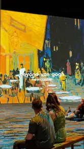 A montage showcasing the 'Beyond Van Gogh' immersive art exhibition at the Utilita Arena in Newcastle, featuring projections of famous paintings on walls and floors, and visitors interacting with the space.