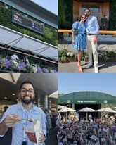 A four-panel collage capturing a day at Wimbledon, featuring the scoreboard, a couple posing in front of the venue, a person holding a box of strawberries and cream, and a view of the crowd in the Amex Experience area.