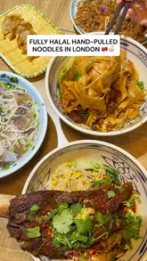 A short, punchy review of a halal hand-pulled noodle restaurant in London, featuring close-ups of the noodle-making process and various dishes like beef brisket noodles and stir-fried rice.