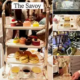 A polished collage showcasing an afternoon tea experience at The Savoy, featuring the iconic tiered stand with delicate pastries and scones, a close-up of the sandwich selection, the hotel signage, and a pour shot.