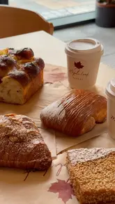 A montage showcasing the interior and various pastries and drinks at Maple Leaf Bakery in Glasgow.