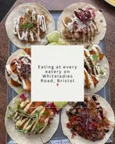 A high-quality, overhead flat-lay photograph of a platter containing six different tacos, arranged in a grid on a wooden table. The image is bright, clear, and well-composed, effectively showcasing the variety of toppings and textures of the food.