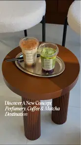 A short, aesthetic montage showcasing a unique concept venue that combines a luxury perfumery with a specialty coffee and matcha bar. The video features close-up shots of drinks and perfume bottles, highlighting the dual nature of the space.