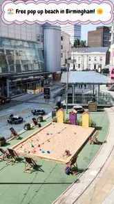 A short, casual video showcasing a free urban beach pop-up located at Broadway Plaza in Birmingham, featuring deckchairs, beach huts, and a play area for children.