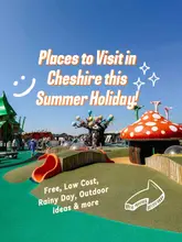 A bright, sunny, and inviting photograph of an outdoor children's play area, likely a playground or family attraction in Cheshire. The image is used as a cover for a listicle-style social media post, featuring bold text overlays to attract families looking for summer holiday activities.