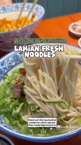 A review of a new Lanzhou-style hand-pulled noodle restaurant in Cambridge, showcasing the noodle-making process, the ordering system, and various dishes like beef noodle soup, biang biang noodles, and beef rougamo.
