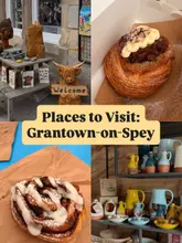 A four-panel collage showcasing various local businesses in Grantown-on-Spey, including wooden carvings, pastries, and artisanal ceramics.