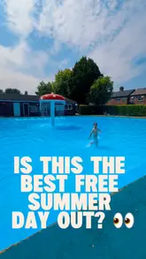 A family-focused reel showcasing a free paddling pool and park in Northwich, highlighting the facilities, booking requirement, and nearby amenities.