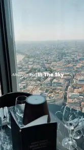 A montage showcasing an afternoon tea experience at Bread Street Kitchen, highlighting the panoramic London skyline views, the table setting, and the food presentation.