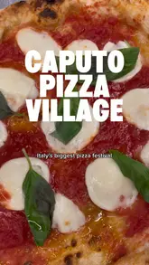 A promotional video for the Caputo Pizza Village festival in London, featuring shots of various pizzas, the event location at Potters Fields Park, and the creator enjoying the food.