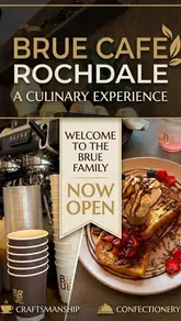 A review of Brue Cafe in Rochdale, featuring the creator visiting the venue, showing the interior, the menu, and sampling the French toast and a refresher drink.