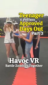 A vlog-style video showcasing a group of teenagers visiting Havoc VR, featuring free-roam VR gaming, an interactive sports wall, arcade games, and a post-activity meal of pizza and ice cream.
