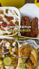 A food review video showcasing a limited edition lamb smash burger and loaded fries at Side Street in Edinburgh. The video features close-up shots of the food, including pull-aparts and dipping, alongside a voiceover review of the items.