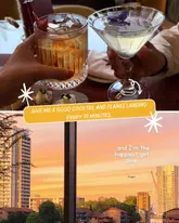 A two-part collage image featuring a close-up of two cocktails being toasted in the top frame, and a scenic sunset view of a skyline with a plane in the bottom frame, effectively capturing the venue's atmosphere and view.