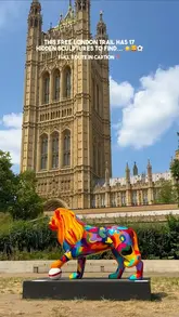 A montage showcasing a free art trail in London featuring 17 artist-designed lion and lioness sculptures located at various landmarks across the city.