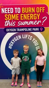 A montage of children enjoying a trampoline park, showcasing various activities like trampolining, foam pits, and a ninja course, followed by a brief look at the cafe's food offerings.