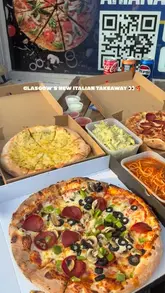 A short, punchy video showcasing a variety of takeaway dishes from a new Italian spot in Glasgow, including pizzas, pasta, and a kebab box.