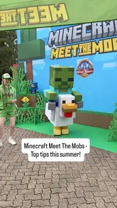 A promotional video for the Minecraft Meet The Mobs event at Alton Towers, featuring character meet-and-greets, a stamp card activity, and themed snacks.