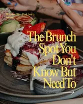 A promotional image for a brunch spot featuring a stack of berry pancakes, with a large text overlay advertising the venue.