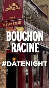 A vlog-style review of a visit to Bouchon Racine, featuring shots of the venue's interior, the menu, and various French dishes including ham, herring, and lamb chops.