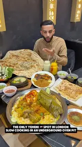 A creator visits the new Bab Al Yemen branch on Edgware Road, highlighting their traditional Yemeni cooking method using an underground oven pit. The video features a large spread of dishes including Mandi with lamb and chicken, lamb madhfoon, lamb stew, murtabak, and kunefe, while showcasing the restaurant's interior and seating.