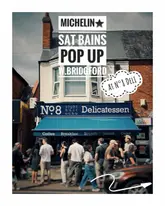 A documentary-style exterior shot of No. 8 Delicatessen in West Bridgford, capturing the queue and atmosphere of a pop-up event featuring Michelin-starred chef Sat Bains.